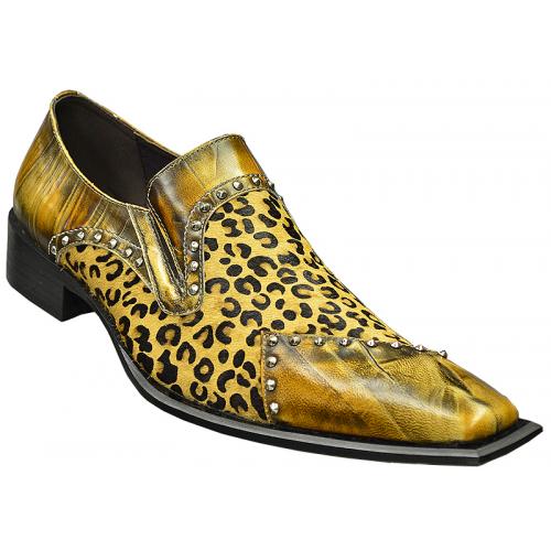 Zota Gold Leopard Hair / Genuine Leather Loafer Shoes With Metal Studs G370-11